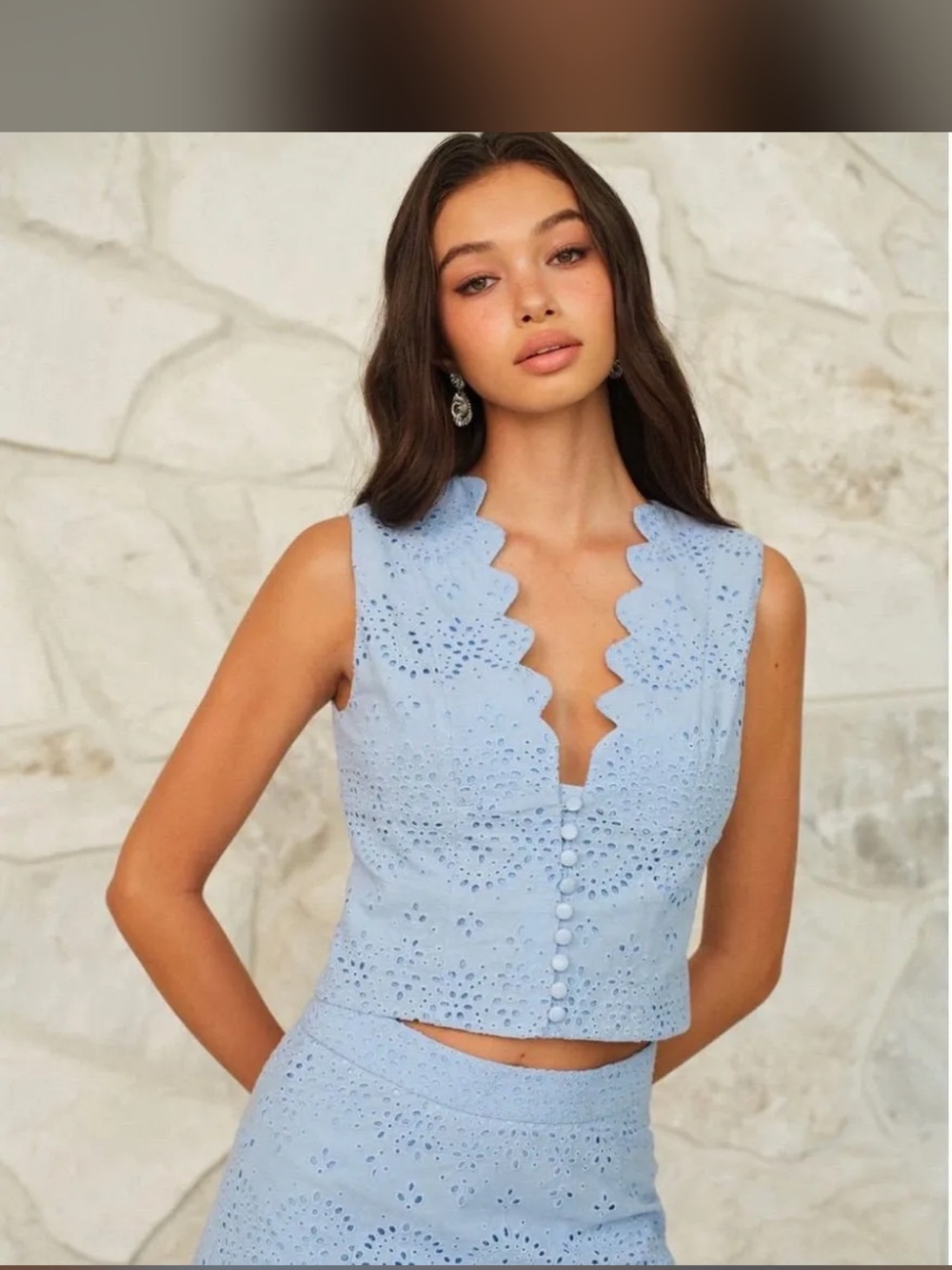 Commense Scalloped Neckline Button-Front Eyelet Crop Top